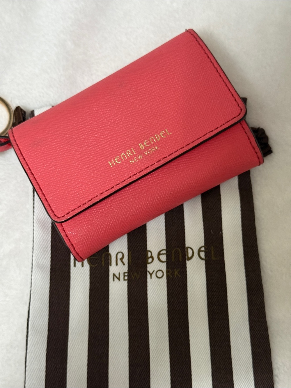 henri bendel Coral Pink Compact Trifold Wallet with Gold Logo
